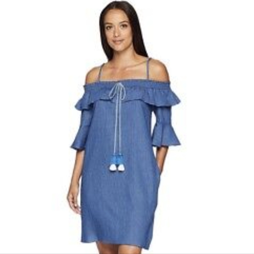 Violet Weekend Blue Chambray Off-The-Shoulder Dress Size Medium